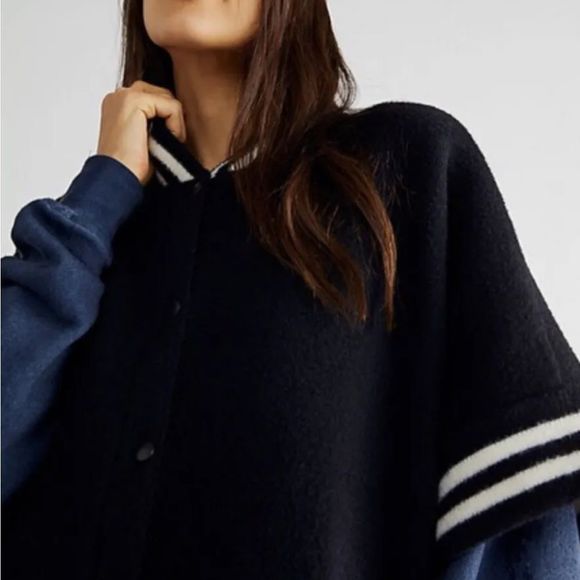 Free People Pep Rally Stripe Poncho Sweater Jacket Snaps Cobalt Black White - Picture 3 of 6